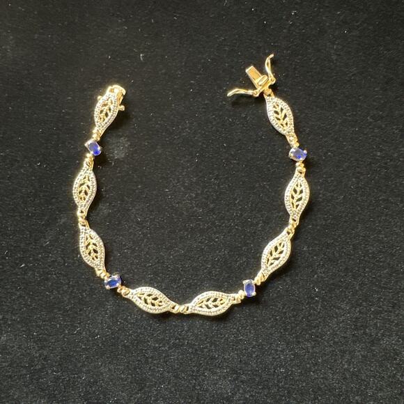 SIGNED DL Gold Plated Sterling 925 Filigree Sapphire Blue Crystals 7.5” Bracelet - Picture 3 of 12